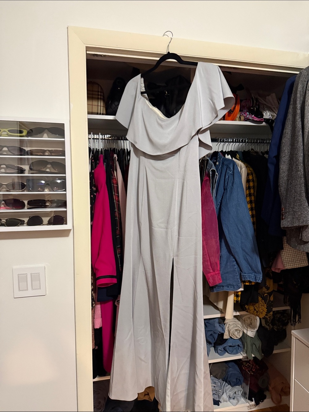 Kleinfeld One-Shoulder Light Gray Maxi Dress with Draped Ruffle